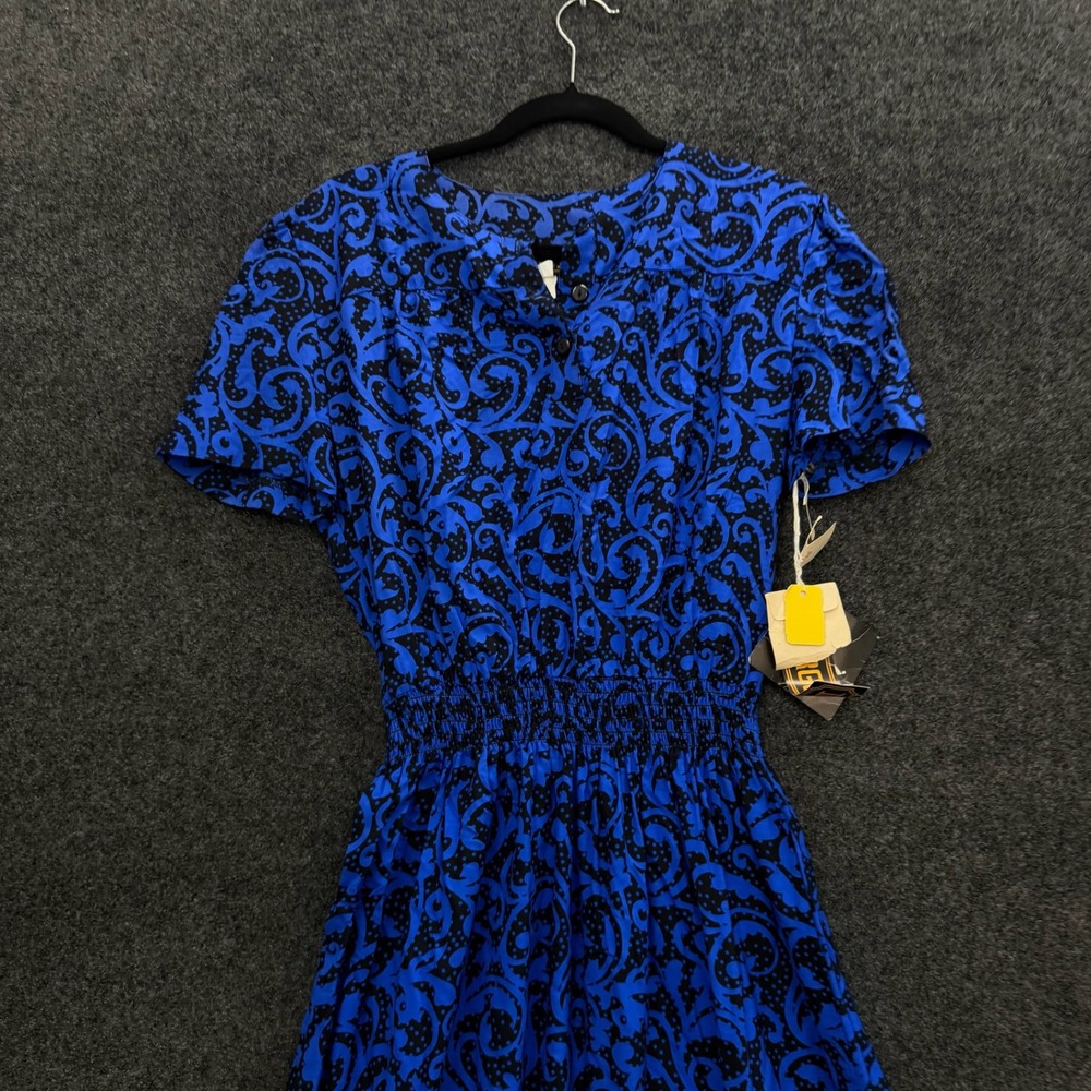 Vintage 80s Virgo II Blue Black Scroll Print Smocked Waist Midi Dress NWT L